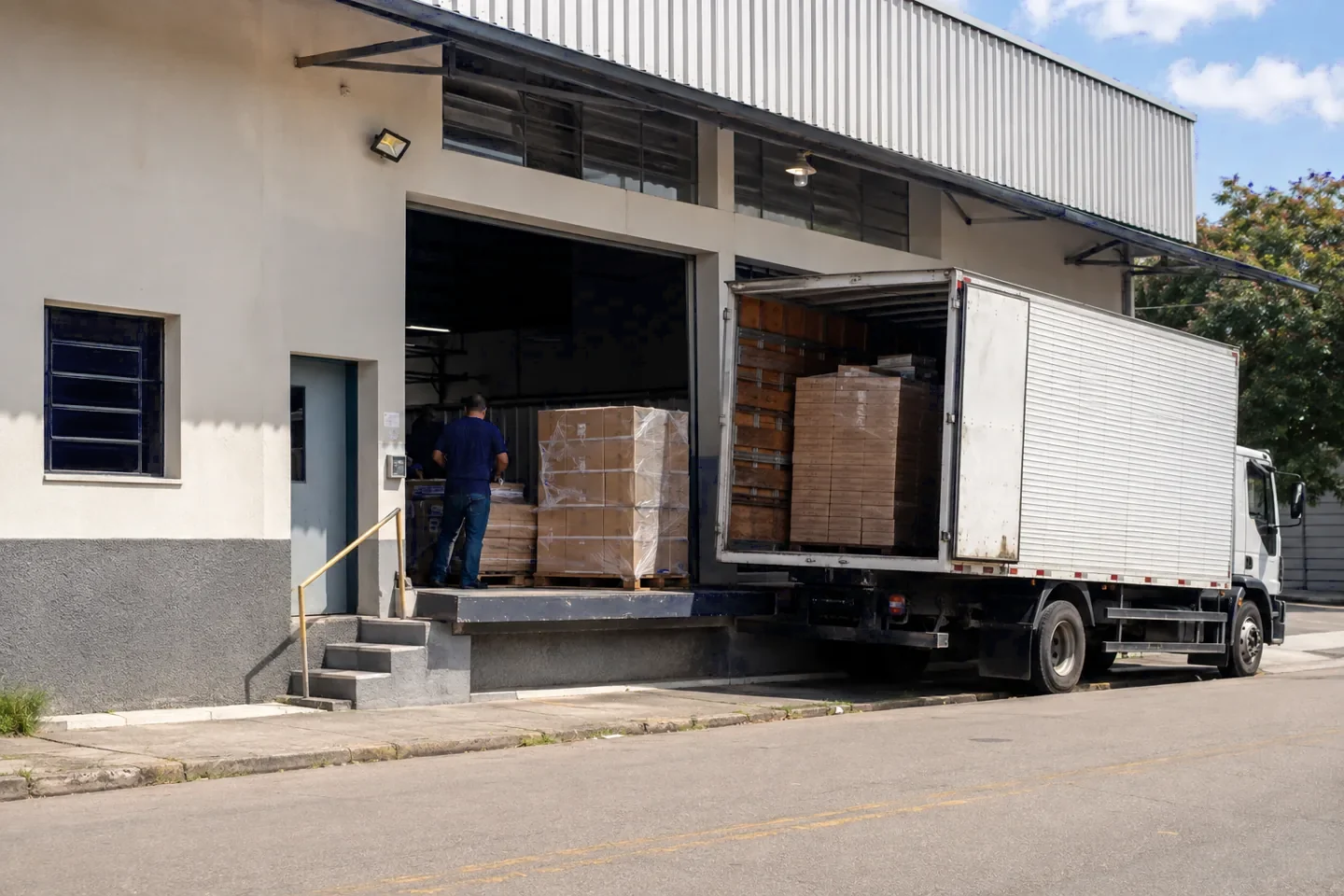 Caminhão posicionado para uma entrega agendada em empresa