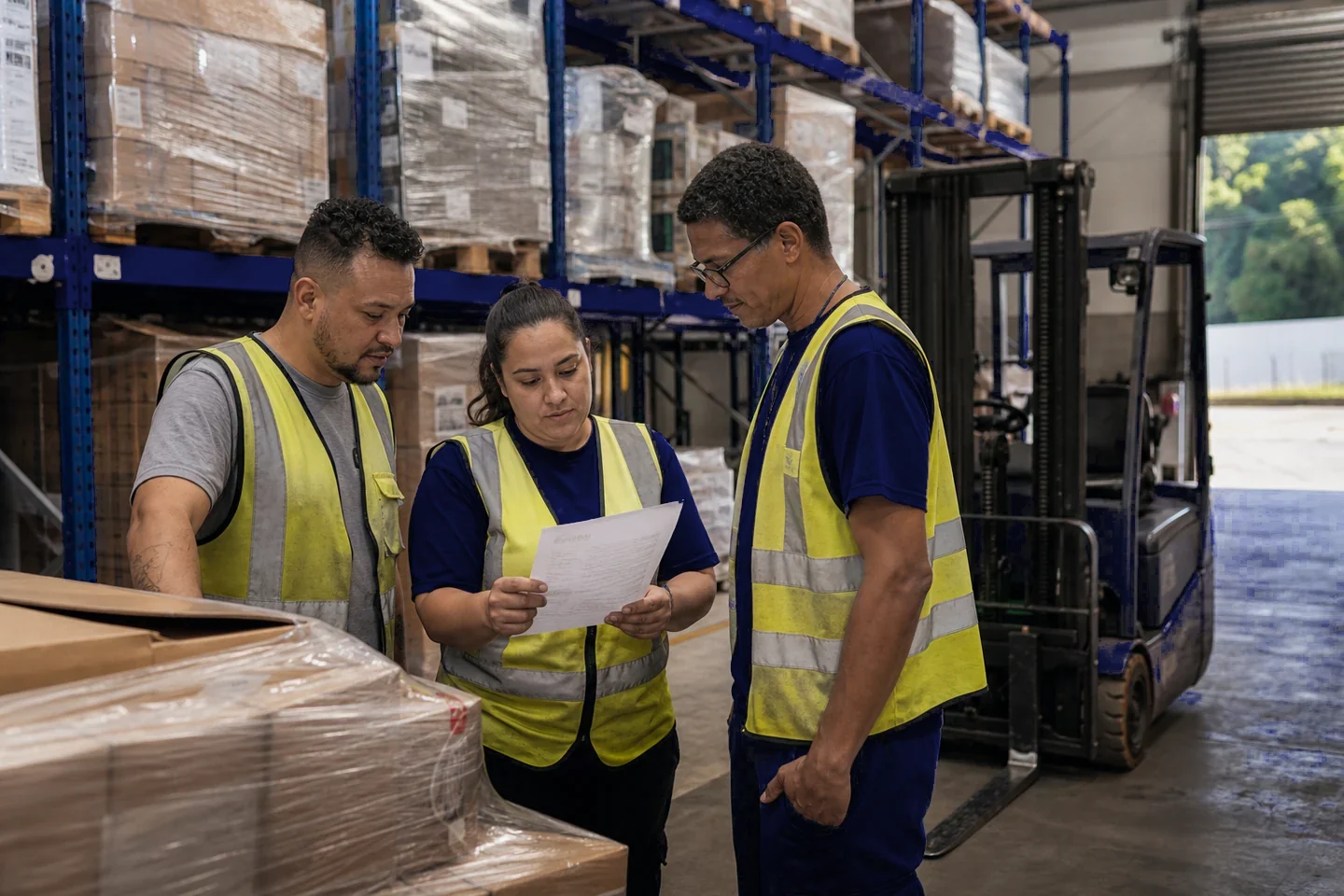 Equipe de logística coordenando uma operação com cargas paletizadas
