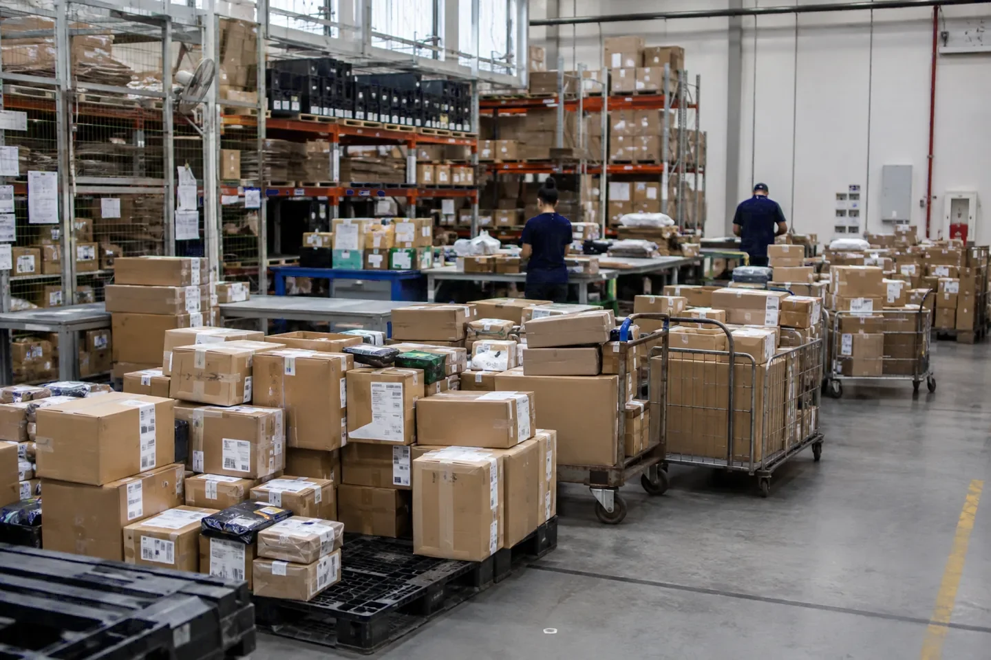 Pedidos de e-commerce organizados em área de separação logística